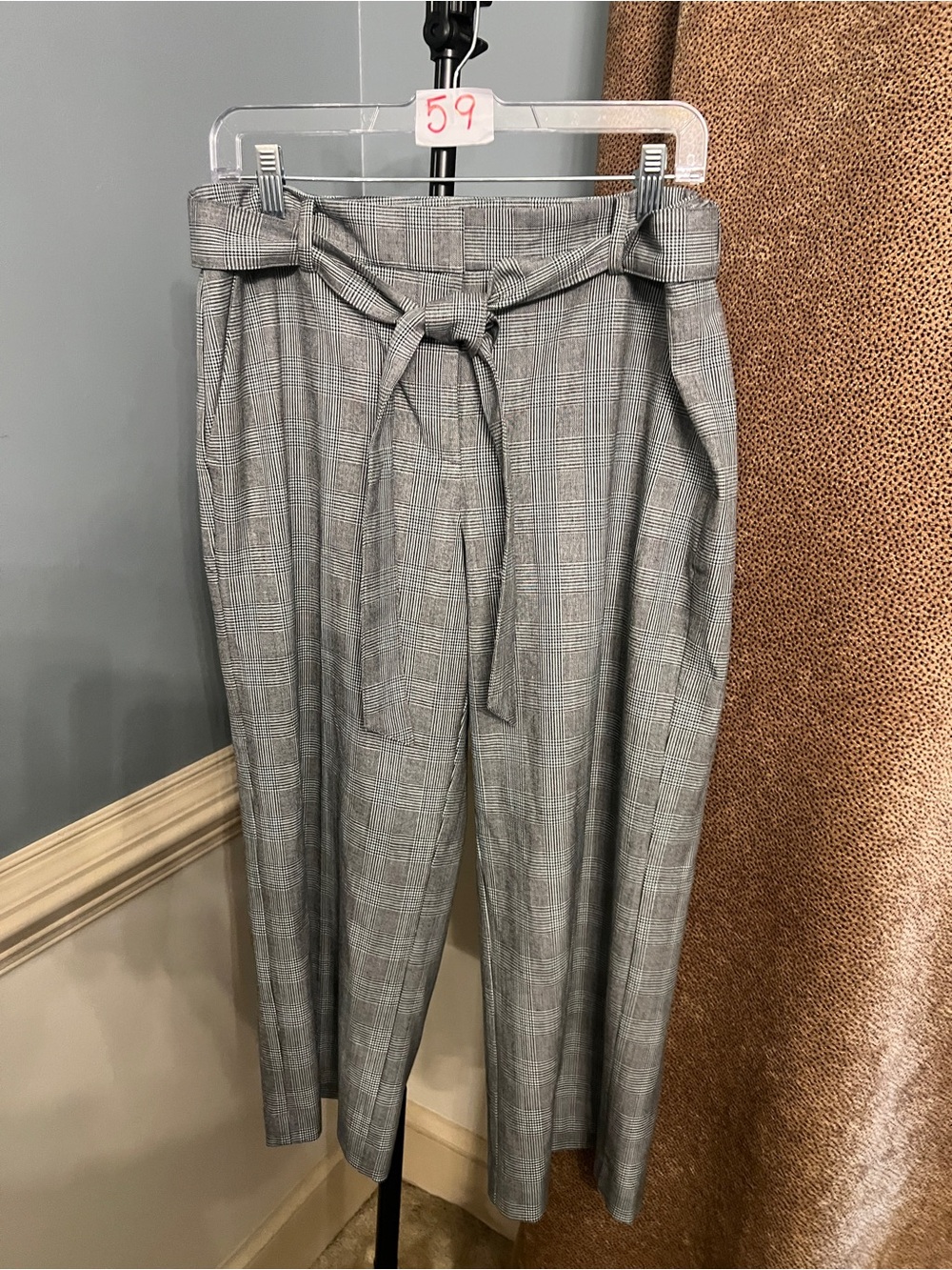 LOFT Gray Plaid Paperbag Waist Chinos with Self-Tie